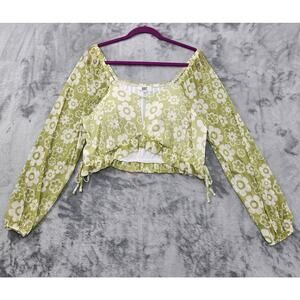 Madden NYC Floral Cropped Keyhole Top Size XXL Green White Long Sleeves Groovy